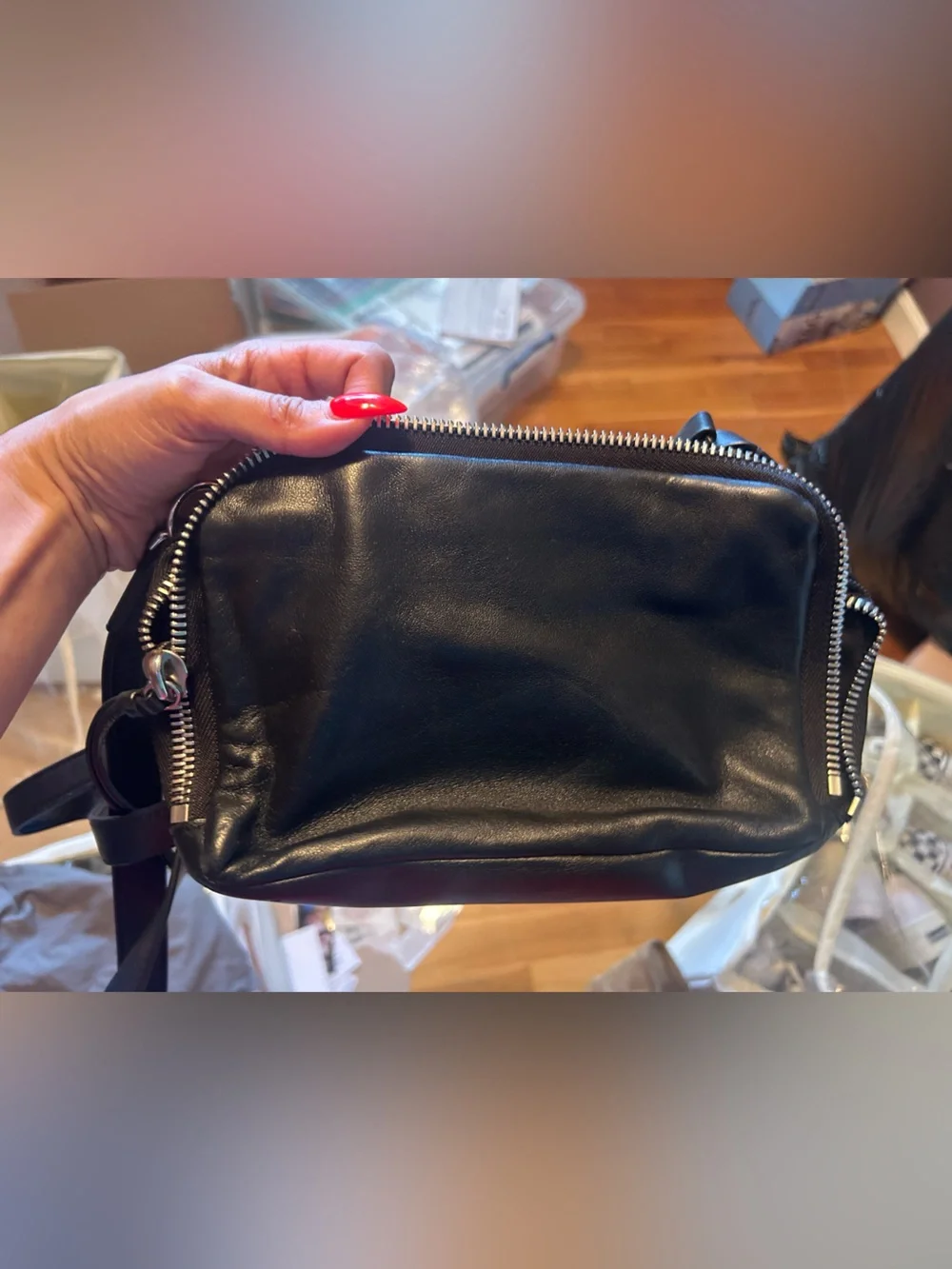 All Saints Black Leather Crossbody Bag with Silver Chain